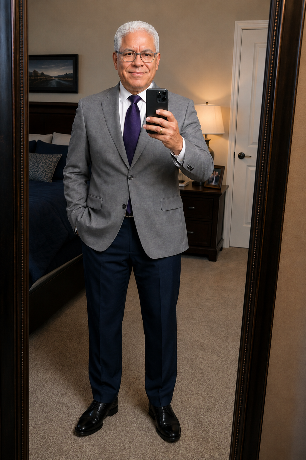 Person taking a full-length mirror selfie to check an outfit.