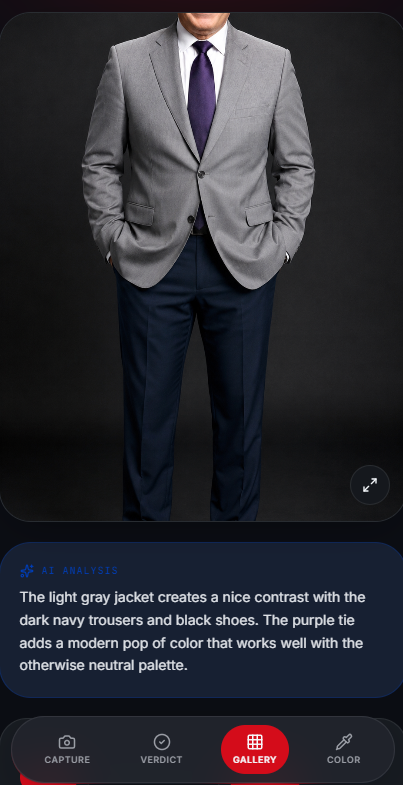 ColorMatch Assist verdict screen showing an AI color analysis of an outfit.