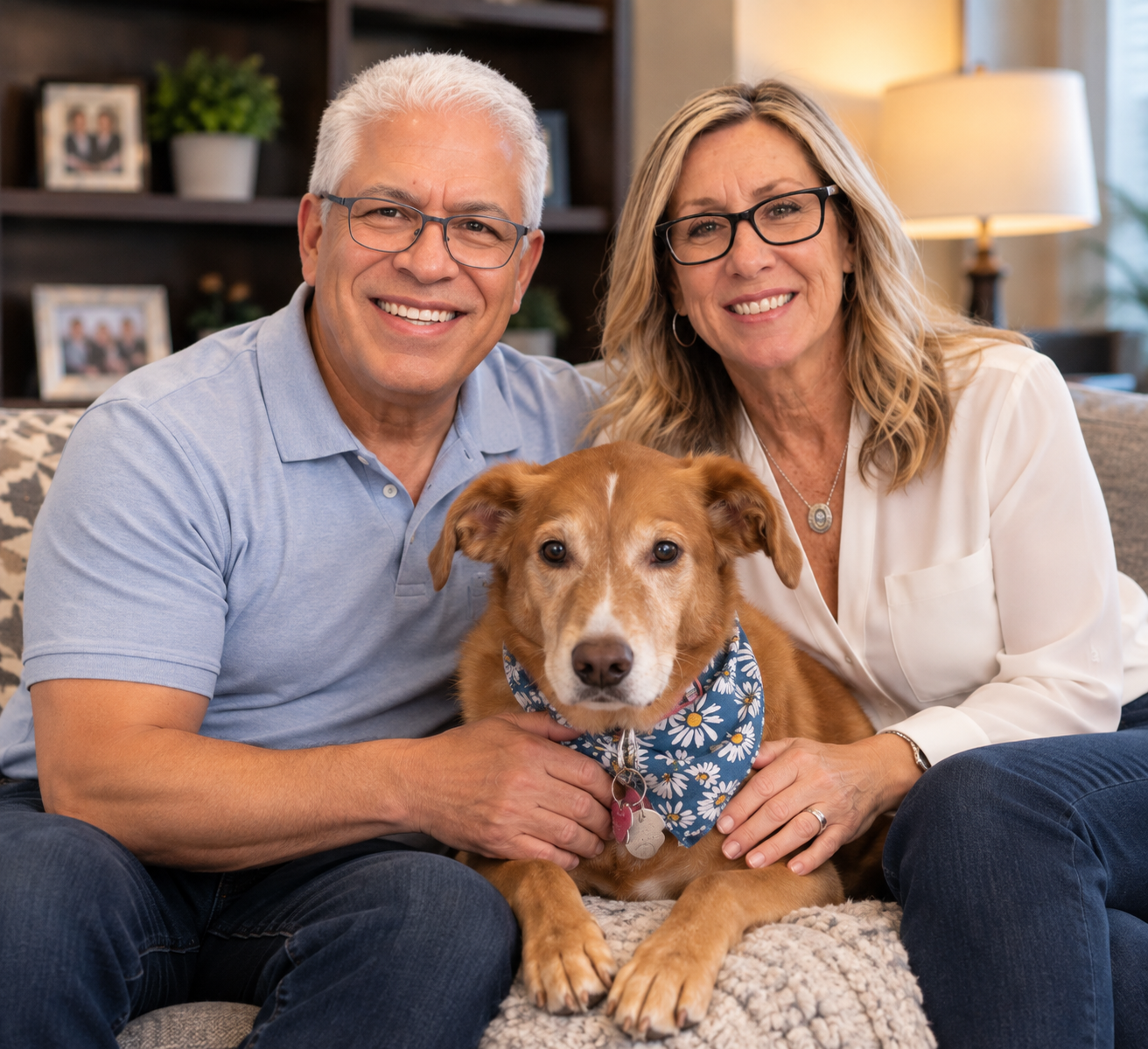 Ernie and Kelly smiling on a couch with their dog Britta, who wears a floral bandana