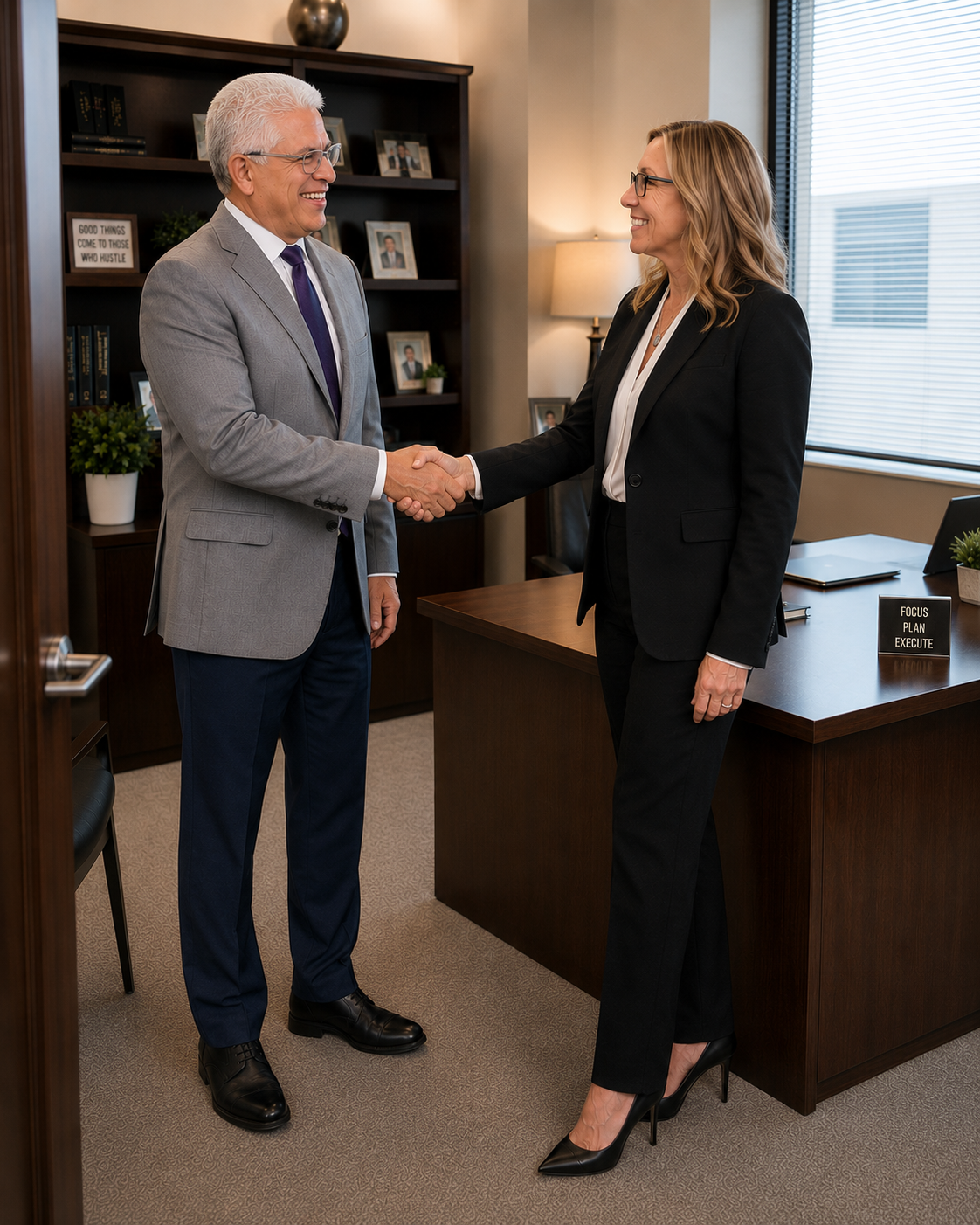 Two professionals shaking hands, dressed confidently for the day.